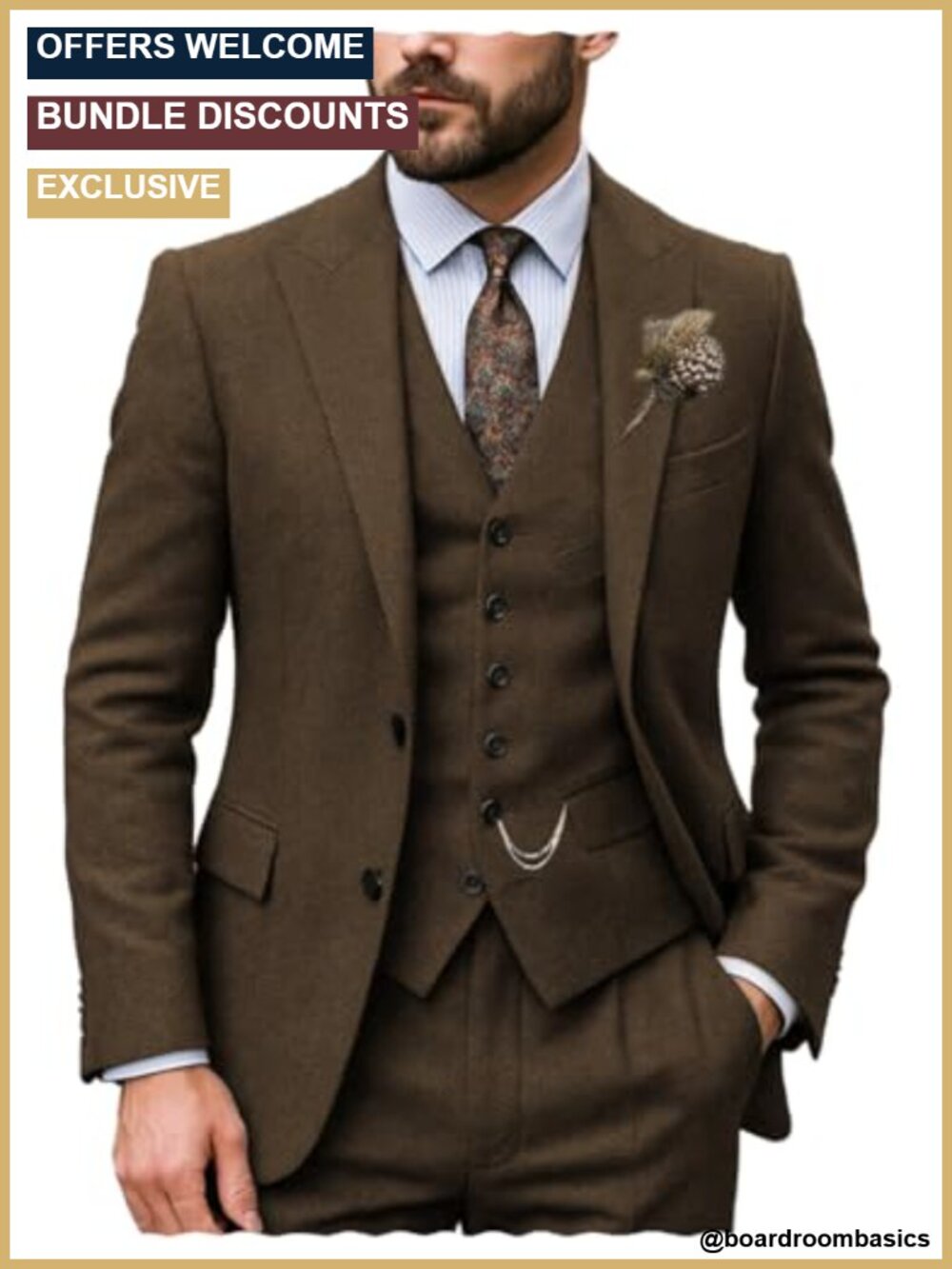 Men's Classic 3 Piece Suit Wool Herringbone Tweed Regular Fit Prom Wedding